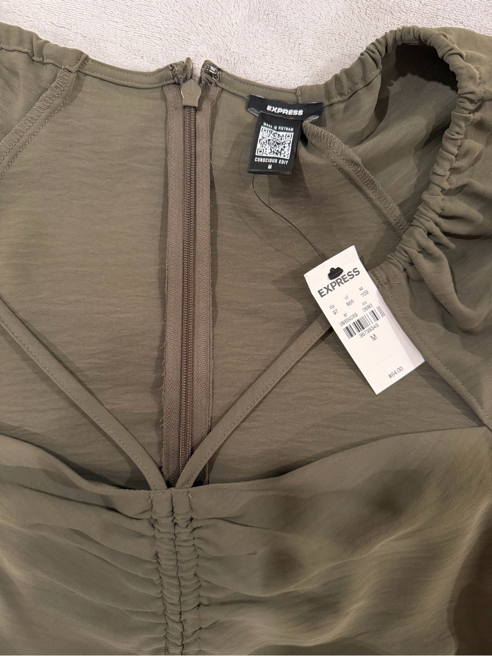 *NWT* Express Olive Green Ruched Front Tie Blouse - Picture 3 of 5